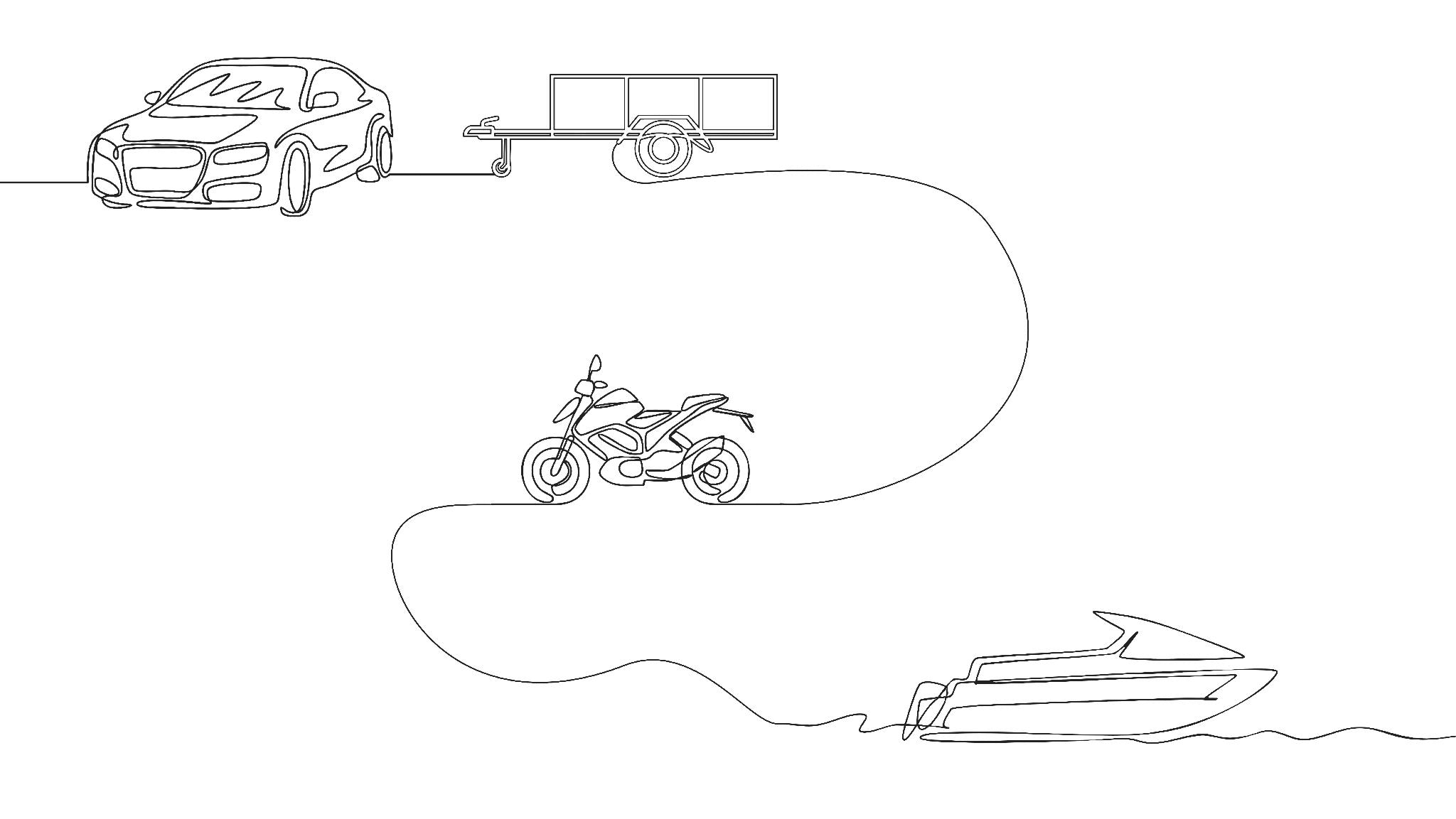Illustration au trait : voiture, remorque, moto et bateau reliés par une ligne continue