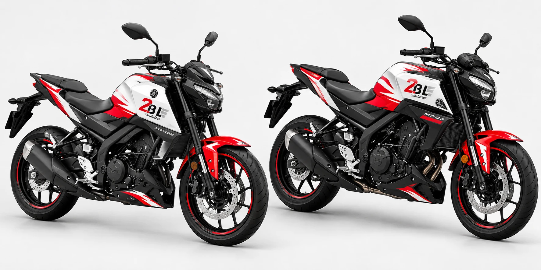Illustration de deux motos de type Yamaha MT-125 et MT-03 aux couleurs rouge, blanc et noir de 2 BL Conduites